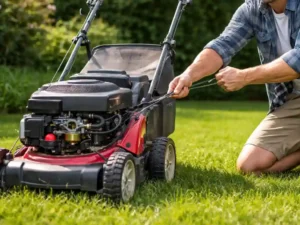 Man starting lawn mower on sunny day