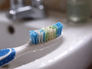 Used toothbrush by the sink